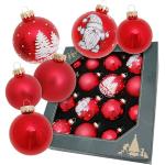 Krebs Glas Lauscha - Weihnachtsdekoration/Christbaumschmuck aus Glas - Weihnachtskugeln - Motiv: Rote Christbaumkugel mit Einer Winterlandschaft und einem Wichtel - 16 Stück
