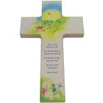 kruzifix24 Devotionalien Kinderkreuz Gottes Schöpfung Motiv Sonne Natur Friedenstaube Danksagungsgebet bunt Bedruckt 20 x 12 cm Taufkreuz Geburt