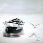 Kunst & Ambiente - Ostsee-Glück II – Meerbild – Martin Klein 80x80cm – Boot und Möwe - Meer Bild gemalt - Seeblick Leinwand - Seebild - Maritim
