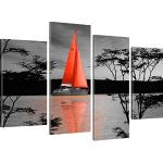 Kunstlab Wandbilder Segelschiff Bild auf Leinwand Einmaster Leinwandbild See - 100x60 cm 4-Teilig: Schwarz-Weiss