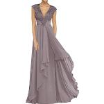 Mauvefarbene Ärmellose Maxi V-Ausschnitt Lange Abendkleider mit Rüschen mit Reißverschluss aus Chiffon für Damen Größe L für Hochzeitsgäste 
