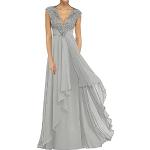 Silberne Ärmellose Maxi V-Ausschnitt Lange Abendkleider mit Rüschen mit Reißverschluss aus Chiffon für Damen Übergrößen für Hochzeitsgäste 