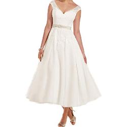 Kurz Brautkleider Wadenlang Hochzeitskleid A-Linie Kleider mit Gürtel für Braut Spitze Applikation Elfenbein 46