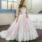 Rosa Kurzärmelige Kinderfestkleider aus Spitze für Mädchen 