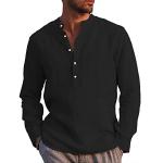 Reduzierte Schwarze Casual Langärmelige Henleykragen Shirts mit Tasche aus Leinen für Herren Größe L für den für den Sommer 
