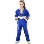 L SERVER Judoanzug Kinder Mädchen Karateanzug Kinder Jungen Kampfsportanzug Mädchen Taekwondo Anzug mit Gürtel,Blau, 140