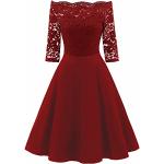 Rote Vintage 3/4-ärmelige Midi Schulterfreie Chiffon-Abendkleider mit Reißverschluss aus Viskose für Damen Größe S für Brautjungfern für den für den Sommer 