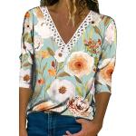 Blumenmuster Oversize Langärmelige V-Ausschnitt T-Shirts mit Strass aus Spitze für Damen Größe 3 XL für Partys für den für den Sommer 