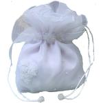 LadyMYP© Romantischer Brautbeutel mit Blüten aus Satin und Perlen, NEU, Hochzeit, Kommunion, weiß/ivory, ca. 16 22 cm (weiß)