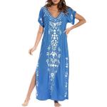Blaue Blumenmuster Kurzärmelige Maxi V-Ausschnitt Sommerkleider für Damen Größe XL für den für den Sommer 