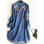 Hellblaue Bestickte Langärmelige Freizeitkleider aus Denim für Damen Größe XXL 