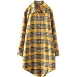 Senfgelbe Karo Elegante Kurzärmelige V-Ausschnitt Tunika-Blusen aus Baumwolle für Damen Größe M 