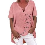 Pinke Leo-Look Elegante Langärmelige V-Ausschnitt T-Shirts mit Insekten-Motiv aus Spitze für Damen Übergrößen Große Größen für den für den Sommer 
