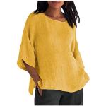 Gelbe Unifarbene Vintage Langärmelige V-Ausschnitt T-Shirts aus Leinen für Damen Größe XL Große Größen für den für den Sommer 