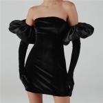 Schwarze Elegante Mini Schulterfreie Samtkleider mit Puffärmeln aus Kunstfaser Handwäsche für Damen Größe L für den für den Herbst 