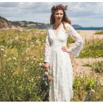 Cremefarbene Boho Bio Maxi V-Ausschnitt Brautkleider mit Schleppe & Hochzeitskleider mit Schleppe  aus Spitze für Damen Größe XS 