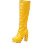 Gelbe Vintage Offene Blockabsatz Damenoverkneestiefel mit Nieten mit Schnürsenkel aus Veloursleder Größe 36 für den für den Herbst 