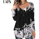 Violette Blumenmuster Casual Langärmelige LAPA Tunika-Blusen aus Spitze für Damen Größe XXL für Partys für den für den Sommer 