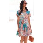 Bunte Bestickte Kurzärmelige LASCANA V-Ausschnitt Sommerkleider aus Viskose für Damen für den für den Sommer 