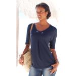 Marineblaue Gepunktete Halblangärmelige LASCANA V-Ausschnitt T-Shirts aus Viskose für Damen Größe XS 