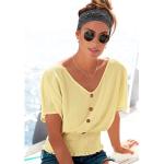 Pastellgelbe LASCANA V-Ausschnitt V-Shirts aus Polyester für Damen Größe XS 