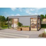 Dunkelgraue Moderne Lasita Maja Design-Gartenhäuser imprägniert 44mm aus Holz mit Schiebetüren Ständerbauweise 