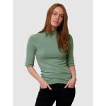 Reduzierte Grüne Unifarbene Halblangärmelige Laura Kent Stehkragen T-Shirts mit Rüschen aus Viskose für Damen 1-teilig 