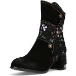 Schwarze Blumenmuster Laura Vita Blockabsatz Ankle Boots & Klassische Stiefeletten mit Reißverschluss aus Leder für Damen Größe 39 