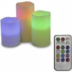LED multicolor Kerze 3er Set Echtwachs batteriebetrieben mit Fernbedienung D: 7,5cm, H:10, 12,5 und 15cm