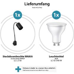 ledscom.de GU10 Steckdosenlampe WAIKA Schwanenhals, Schalter, schwarz inkl. GU10 LED Lampe 450lm weiß