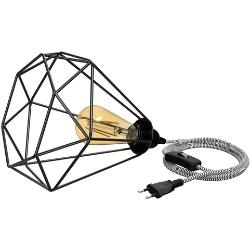ledscom.de Käfig-Leuchte groß, Textilkabel LEKA schwarz/weiß, Stecker, Schalter, 3m + E27 Vintage Lampe gold max. 814lm, 3-Stufen, extra-warmweiß