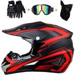 LEENP Motocross-Helm Schwarz Rot Crosshelm Set mit Brillen Maske Handschuhe, Herren Damen Motorrad-Helm Off-Road Downhill-Enduro-Helm-ATV-MTB-BMX Dirt Bikes Quad Motorräder Full-Face Schutz-Helm,B,L
