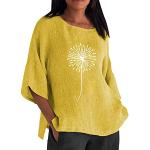 Senfgelbe Oversize 3/4-ärmelige Rundhals-Ausschnitt T-Shirts aus Wolle für Damen Größe M Große Größen für den für den Herbst 