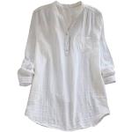 Weiße Unifarbene Casual Langärmelige V-Ausschnitt T-Shirts aus Leinen für Damen Übergrößen Große Größen für den für den Sommer 