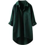 Armeegrüne Karo Oversize Kurzärmelige V-Ausschnitt Tunika-Blusen mit Puffärmeln mit Reißverschluss aus Leinen für Damen Größe 3 XL für den für den Frühling 