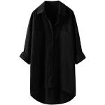 Schwarze Karo Oversize Kurzärmelige V-Ausschnitt Tunika-Blusen mit Puffärmeln mit Reißverschluss aus Leinen für Damen Größe 3 XL für den für den Frühling 