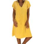 Gelbe Unifarbene Casual Langärmelige V-Ausschnitt Leinenkleider aus Chiffon für Damen Größe 5 XL Große Größen für Brautjungfern für den für den Sommer 