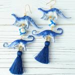 Nickelfreie Blaue Blumenmuster Quasten-Ohrringe vergoldet mit Echte Perle für Damen 