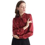 Bordeauxrote Langärmelige Lilysilk Stehkragen Festliche Blusen aus Seide für Damen Größe S 