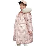 Rosa Gesteppte Midi Kinderdaunenjacken mit Fellkapuze für Mädchen Größe 146 für den für den Winter 
