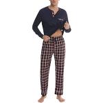 Reduzierte Marineblaue Karo Pyjamas lang aus Baumwolle für Herren Größe M 2-teilig für den für den Winter 