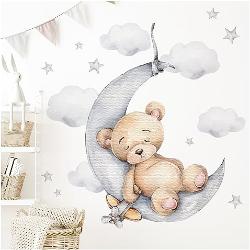 Little Deco Wandtattoo Bär auf dem Mond Wandsticker für Kinderzimmer Teddybär mit Sterne Babyzimmer Deko DL831-4