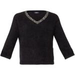 Reduzierte Schwarze Bestickte 3/4-ärmelige Liu Jo V-Ausschnitt Angora-Pullover mit Strass aus Wolle für Damen Größe L 