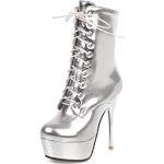 Silberne Runde Pfennigabsatz High Heel Stiefeletten & High Heel Boots mit Reißverschluss für Damen Größe 45 
