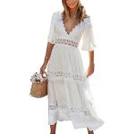 Weiße Boho Halblangärmelige V-Ausschnitt Sommerkleider für Damen Größe L 
