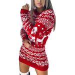 Reduzierte Rote Langärmelige Strickkleider mit Hirsch-Motiv für Damen Größe M Weihnachten für den für den Winter 