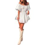 Weiße Unifarbene Elegante Mini Schulterfreie Minikleider & kurze Kleider mit Puffärmeln aus Tüll für Damen Größe S zum Abschlussball für den für den Sommer 
