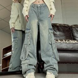 Lockere gerade lange Jeanshose mit seitlicher Pattentasche, Band Techwear Cargo Boyfriend Blue Denim Hose Damen Y2K Hose Hose