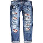 Anthrazitfarbene Bestickte Ripped Jeans & Zerrissene Jeans ohne Verschluss aus Baumwolle für Damen Übergrößen für den für den Sommer 