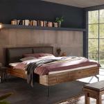 Loft Design Bett aus Akazie Massivholz Polsterkopfteil in Dunkelbraun